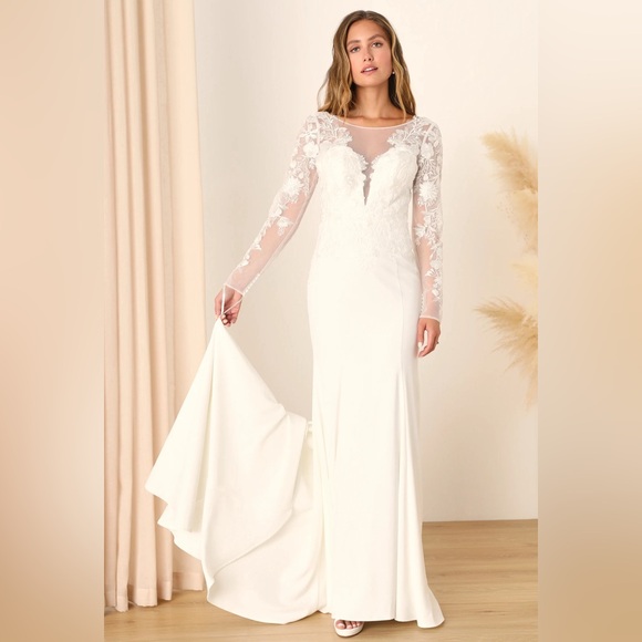 Eternity with you white lace mesh long sleeve mermaid maxi dress - Picture 3 of 5